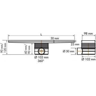 Easydrain Tegeldrain tegelgoot met zijuitloop 9.8x70cm 50mm RVS