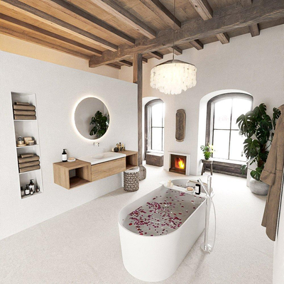 MONDIAZ BUKLA 160cm badmeubel met open module 40 L+R kleur Washed Oak met 1 lades. Wastafel CLOUD midden 0 kraangaten kleur Talc.