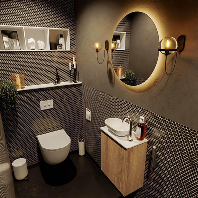 Mondiaz Fowy Toiletmeubel - 40x50x23cm - washed oak mat - 1 kraangat - wasbak links - 1 deur - solid surface - blad Melamine - wasbak: Wit / Zwart