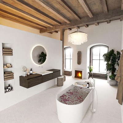 MONDIAZ BUKLA 180cm badmeubel met module 60 kleur Dark Brown met 3 lades. Wastafel CLOUD midden 0 kraangaten kleur Talc.