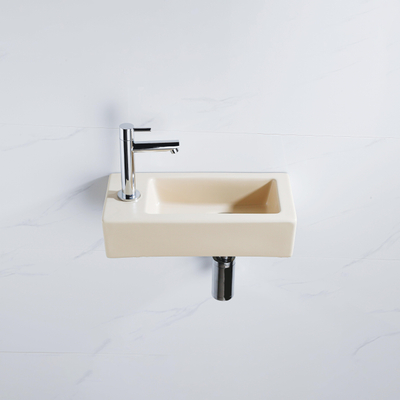 QeramiQ Fuente Fonteinset - 37.5x18.5x9cm - keramiek - kraangat links - fonteinkraan chroom - afvoerplug - verlaagd sifon - Mat Beige