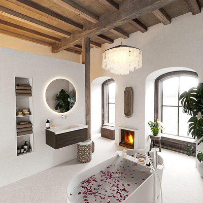 Mondiaz BUKLA Badkamermeubelset - 80x45x34cm - 0 kraangaten - wasbak midden - solid surface - Talc - greeploos - 1 lade - Melamine - Dark brown