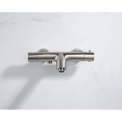 Fortifura Calvi Thermostatische badkraan - ronde handdouche - handdouchehouder - gladde doucheslang - PVD - Geborsteld RVS