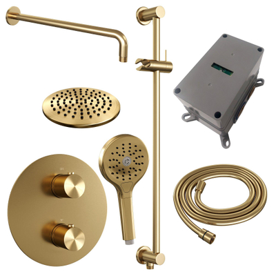 BRAUER Gold Edition thermostatische Inbouw Regendouche - 3-weg - rond - set 93 - 20cm hoofddouche - gebogen muurarm - 3-standen handdouche - doucheslang - geïntegreerde glijstang - goud geborsteld PVD