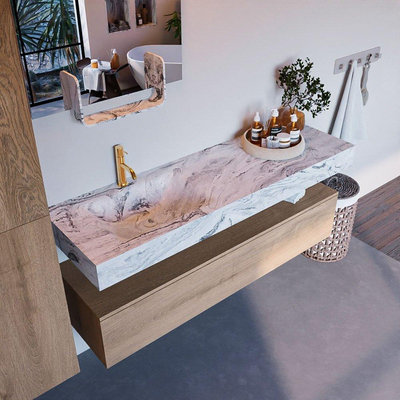 MONDIAZ ALAN - DLUX Badkamermeubelset - 150cm - onderkast - Washed Oak - 1 lade - vrijhangende wastafel - wasbak links - 1 kraangat - Glace