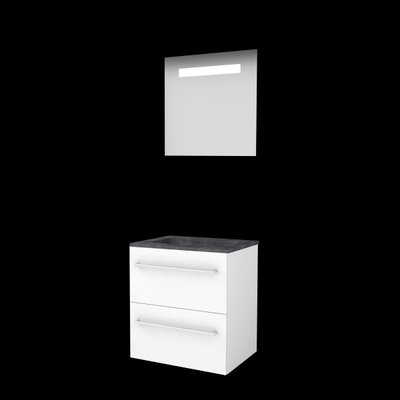 Basic-Line Economic 46 badkamermeubelset - 60x46cm - met grepen - 2 lades - hardsteen wastafel - 0 kraangaten - Spiegel - geintegreerde LED verlichting - MDF lak Ice White