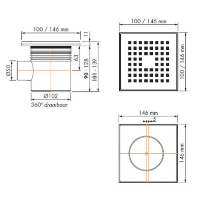 Easy Drain Aqua quattro vloerput 15x15cm horizontaal 5cm RVS