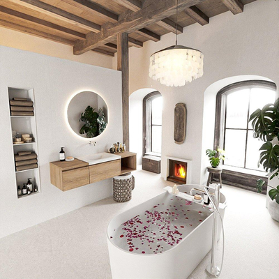 MONDIAZ BUKLA 140cm badmeubel met open module 40 rechts kleur Washed Oak met 2 lades. Wastafel CLOUD midden 0 kraangaten kleur Talc.