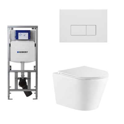 QeramiQ Dely Toiletset - 36.3x51.7cm - diepspoel - rimless - Geberit UP320 Burda inbouwreservoir - softclose toiletzitting - mat witte bedieningsplaat - rechtehoekige knoppen - wit glans