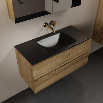 Mondiaz Aivy badmeubelset - 100x45x50cm - 0 kraangaten - 1 wasbak urban Solid surface - Midden - 2 lades - Met spiegelkast - Melamine Chai