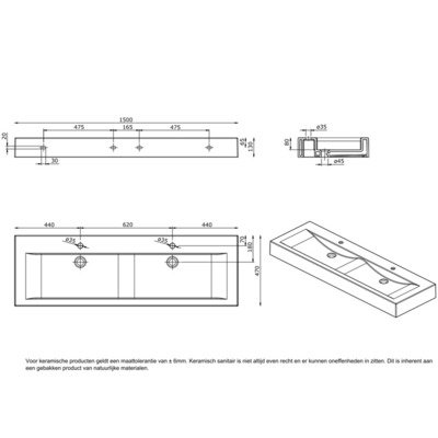 QeramiQ Plane wastafel 150x47x1.4cm met dubbele wasbak en 2 kraangaten wit