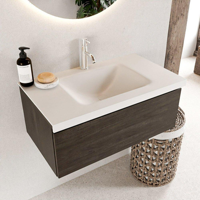 Mondiaz BUKLA Badkamermeubelset - 80x45x34cm - 1 kraangat - wasbak midden - solid surface - Talc - greeploos - 1 lade - Melamine - Dark brown