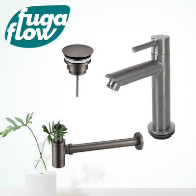 FugaFlow Eccelente Sobrado Badkamer fonteinkraanset met staande fonteinkraan laag, always open plug en design sifon PVD Gepolijst Gunmetal