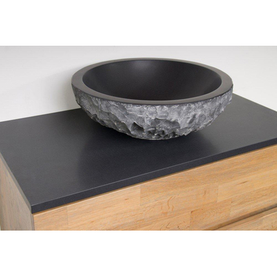 Saniclass Hamerslag opbouwwaskom 42x42x15cm zonder overloop rond natuursteen Basalt OUTLET