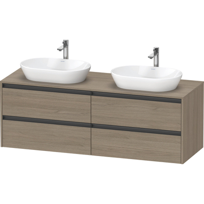 Duravit Ketho 2 wastafelonderbouwkast incl. consoleplaat met 4 laden voor dubbele waskommen 160x55x56.8cm met handgrepen antraciet eiken terra mat