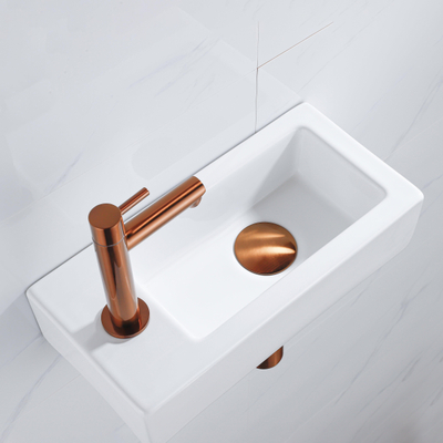 QeramiQ Fuente Fonteinset - 37.5x18.5x9cm - keramiek - kraangat links - fonteinkraan geborsteld koper - afvoerplug - verlaagd sifon - Glans wit