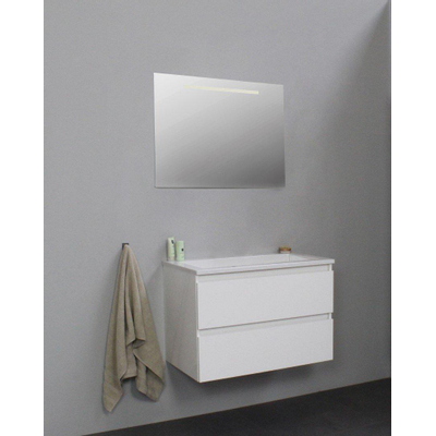 Adema Bella badmeubel met acryl wastafel zonder kraangat met spiegel met licht 80x55x46cm Wit hoogglans Flat Pack