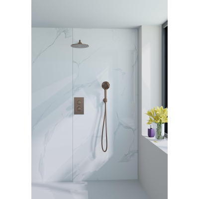 Fortifura Calvi Inbouw Regendoucheset - thermostatisch - wandarm - 30cm hoofddouche - ronde handdouche - gladde doucheslang - Geborsteld koper PVD (Koper)