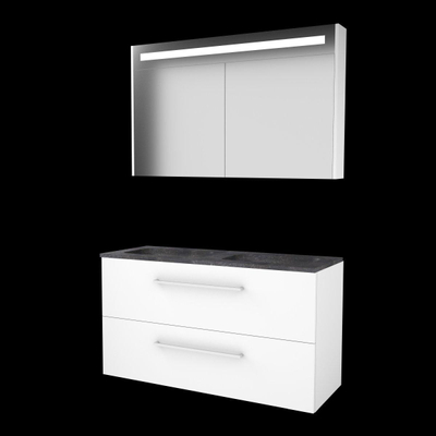 Basic-Line Premium 46 badkamermeubelset - 120x46cm - met grepen - 2 lades - hardsteen wastafel - 2 kraangaten - Spiegelkast - geintegreerde LED verlichting - MDF lak Ice White