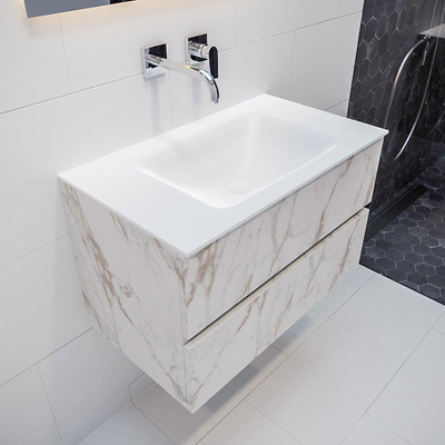 MONDIAZ VICA Badkamermeubelset - 80cm - 2 lades - wasbak Cloud midden - 0 kraangaten - solid surface carrara marmer