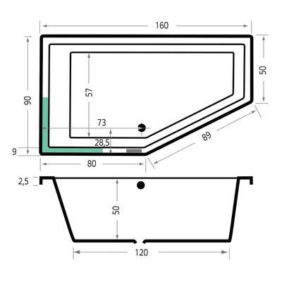 Xenz Society 160 ligbad - 160x90cm - met overloop - zonder afvoer - Hoekopstelling links - Acryl Antraciet Mat
