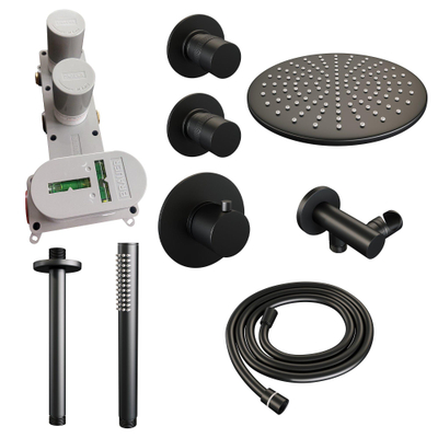 Brauer Black Edition Regendoucheset inbouw - hoofddouche 30cm - plafondarm - 3 gladde knoppen - handdouche staaf 1 stand - mat zwart