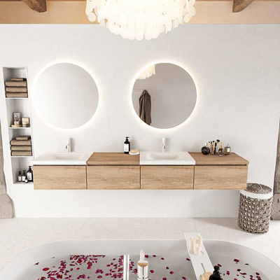 MONDIAZ BUKLA 240cm badmeubel met module 60 rechts kleur Washed Oak met 4 lades. Wastafel CLOUD dubbel 2 kraangaten kleur Talc.