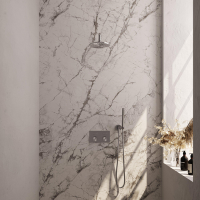 BRAUER Brushed Carving Thermostatische Regendouche inbouw - drukknoppen - SET 51 - 20cm hoofddouche - gebogen muurarm - staaf handdouche - doucheslang - wandaansluitbocht - RVS geborsteld PVD