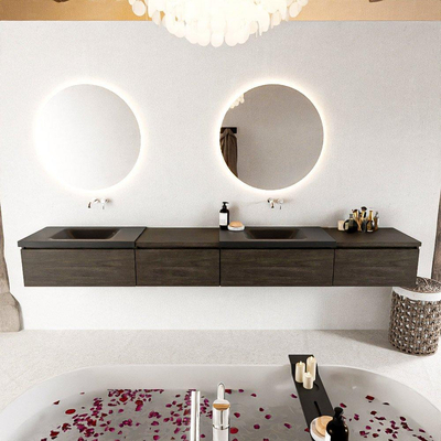 MONDIAZ BUKLA 280cm badmeubel met module 60 links kleur Dark Brown met 4 lades. Wastafel CLOUD dubbel 0 kraangaten kleur Urban.