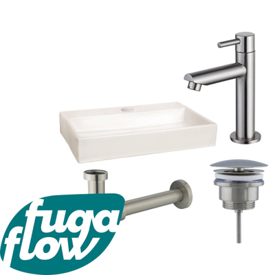FugaFlow Eccelente Arredo fonteinset - 38x7x24cm - 1 kraangat - keramiek - fonteinkraan RVS geborsteld - glans wit -