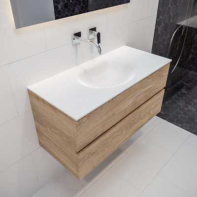 MONDIAZ VICA Badkamermeubelset - 100cm - 2 lades - wasbak Moon midden - 0 kraangaten - solid surface washed oak