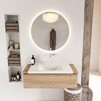 Mondiaz BUKLA Badkamermeubelset - 100x45x34cm - 0 kraangaten - wasbak midden - solid surface - Talc - greeploos - 1 lade - Melamine - Washed Oak