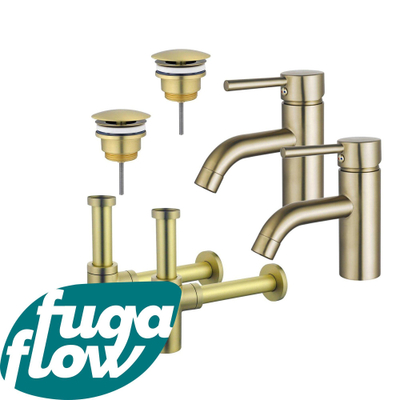 FugaFlow Eccelente Sobrado Badkamer Wastafelkraanset - voor dubbele wastafel - lage wastafelkraan - always open plug - design sifon - PVD Geborsteld Messing