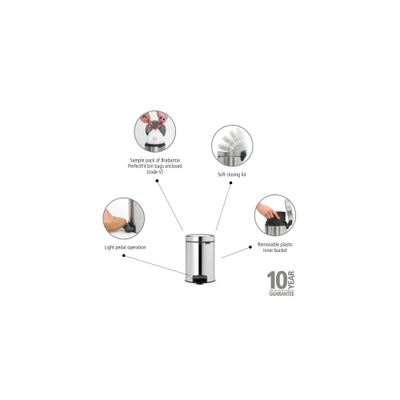 Brabantia NewIcon Pedaalemmer - 3 liter - kunststof binnenemmer - brilliant steel