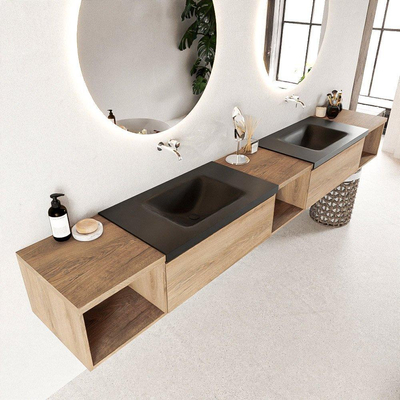 Mondiaz BUKLA Badkamermeubelset - 280x45x34cm - 0 kraangaten - 2 wasbakken solid surface - Urban - greeploos - 2 lades - Melamine - Washed Oak