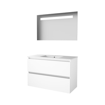 Basic-Line Economic 46 badkamermeubelset - 100x46cm - greeploos - 2 lades - porseleinen wastafel - 1 kraangat - Spiegel - geintegreerde LED verlichting - MDF lak Ice White