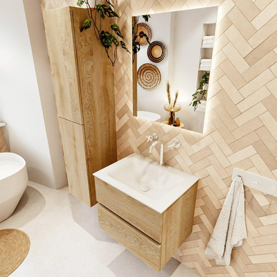 MONDIAZ VICA 60cm badmeubel onderkast Washed Oak 2 lades. Wastafel CLOUD midden 1 kraangat, kleur Talc.