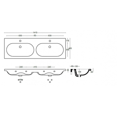 Saniclass Palermo Meubelwastafel - 140x47x3.5cm - overloop - 2 wasbakken links/rechts - 2 kraangaten - keramiek - wit