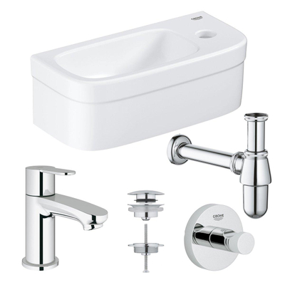 GROHE Euro fonteinset 37x18cm 1 kraangat zonder overloop rechte chromen kraan sifon afvoerplug handdoekhaak fontein Rechthoek wit