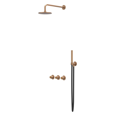 IVY Concord Regendoucheset - inbouw - symmetry - 2 stopkranen - 30cm plafondbuis - 20cm medium hoofddouche - houder met uitlaat - 150cm doucheslang - staafmodel handdouche - RVS316 - geborsteld mat koper PVD