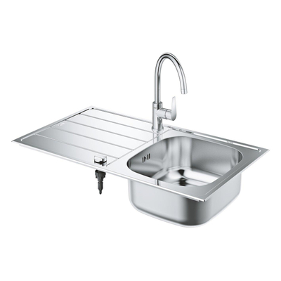 GROHE K200 spoelbak met afdruipgedeelte en Bau Edge eengreeps mengkraan hoge uitloop eengatsmontage StarLight chroomafwerking Longlife keramische cartouche 28 mm mousseur draaibare buisuitloop met rotatie 360