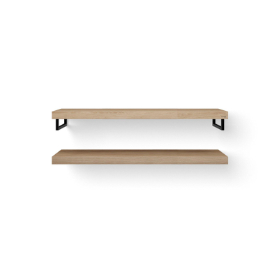 Looox Wood collection Duo wandplanken 140x46cm - 2 stuks - Met handdoekhouders zwart mat - massief eiken Old grey