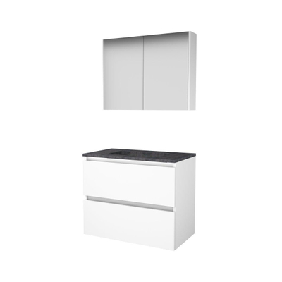 Basic-Line Comfort 46 badkamermeubelset - 80x46cm - greeploos - 2 lades - hardsteen wastafel - 0 kraangaten - Spiegelkast - MDF lak Ice White