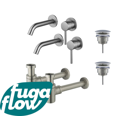 FugaFlow Eccelente Sobrado Badkamer Slim Wastafelkraanset - voor dubbele wastafel - inbouw wastafelkraan - always open plug - verlaagde design sifon - PVD Geborsteld RVS
