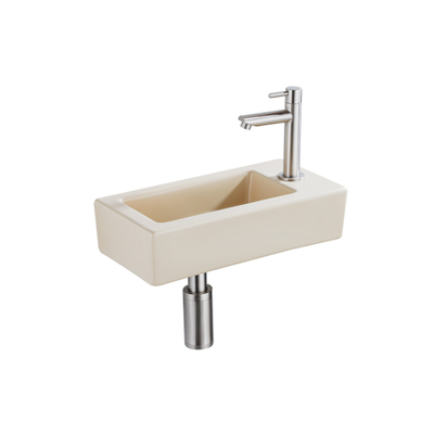 QeramiQ Fuente Fonteinset - 37.5x18.5x9cm - keramiek - kraangat rechts - fonteinkraan geborsteld RVS - afvoerplug - verlaagd sifon - Mat Beige