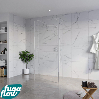 FugaFlow Eccelente Vetro Vrijstaande inloopdouche badkamer - 90x200cm - Helder - antikalk - 8mm veiligheidsglas - 2 zijwanden 40cm - met wandarmen en hoekprofielen - Chroom -