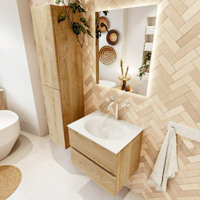 MONDIAZ VICA 60cm badmeubel onderkast Washed Oak 2 lades. Wastafel MOON midden 1 kraangat, kleur Talc.