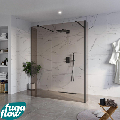 FugaFlow Eccelente Vetro Vrijstaande inloopdouche badkamer - 160x200cm - Rookglas - antikalk - 8mm veiligheidsglas - 2 zijwanden 30cm - met wandarmen en hoekprofielen - Zwart mat -