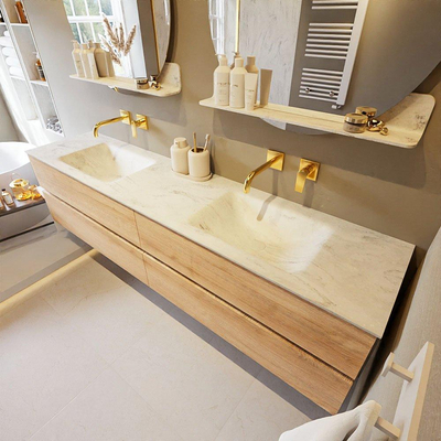 MONDIAZ VICA-DLUX Badkamermeubelset - 200cm - onderkast washed oak - 4 lades - inbouw wastafel cloud dubbel - zonder kraangaten - 60cm hoge versie - opalo