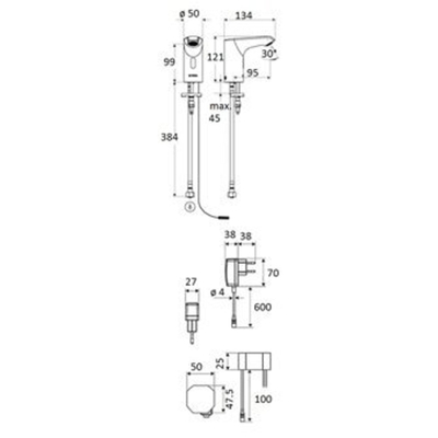 Schell Xeris E HD K elektronische wastafelkraan small v. koud water met stekker trafo 220V met infrarood sensor chroom